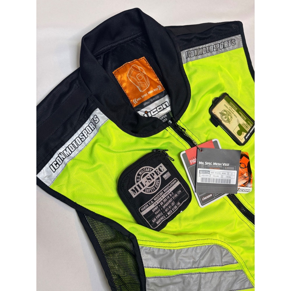 Icon Motosports Mil Spec Mesh Vest Hi-Viz Yellow Reflective Motorcycle Safety XL